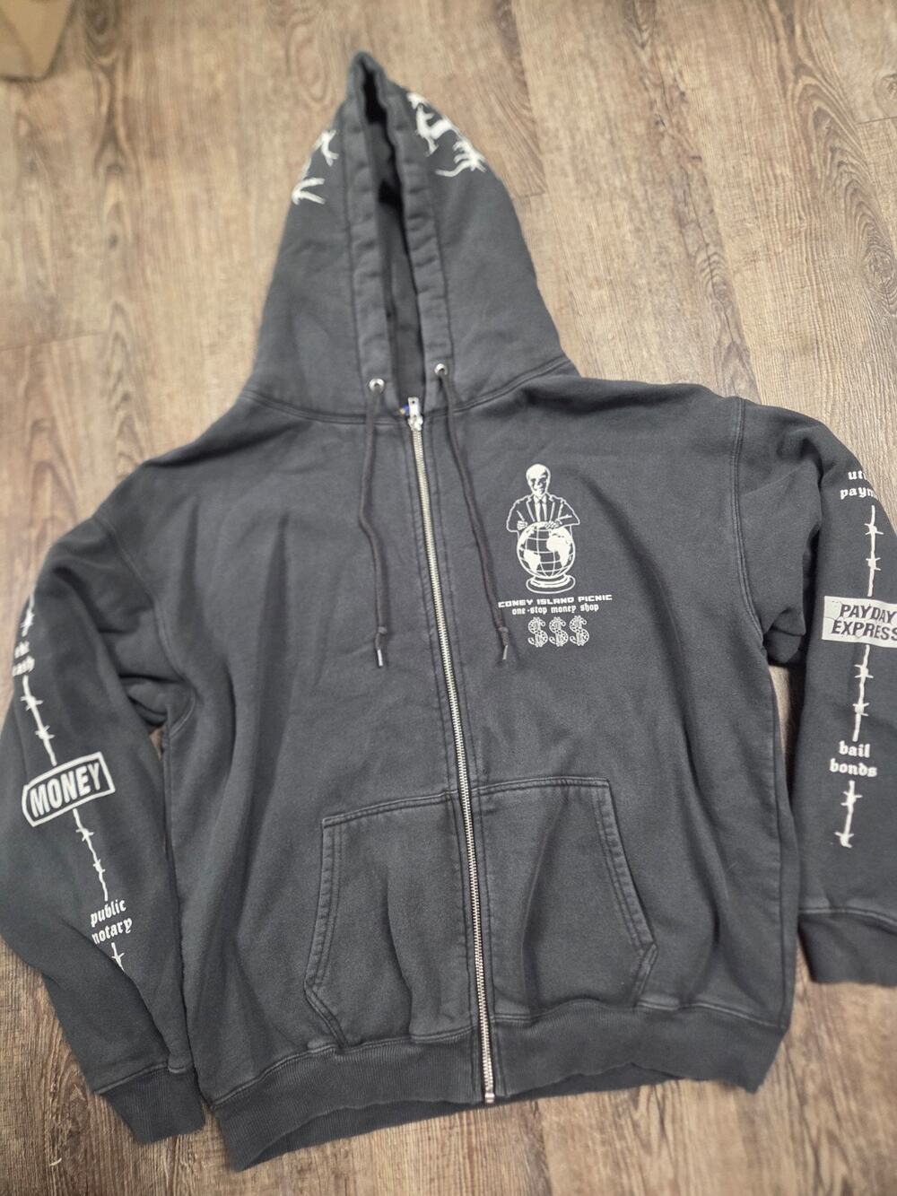 Coney Island Full Zip Check Cashing Graphic Zip Hoodie Jacket Black Medium